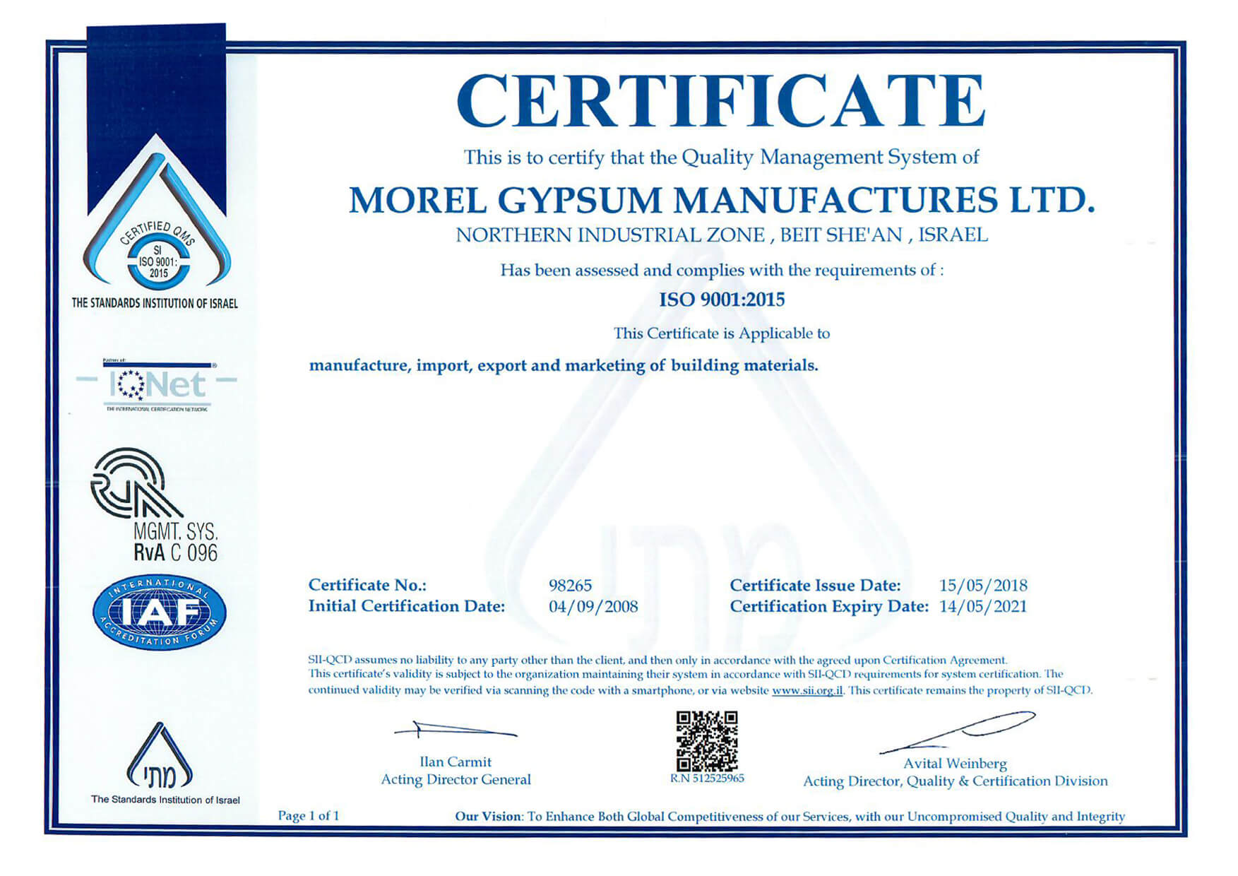 ISO 9001:2015 תעודת תו תקן אנגלית (2018-2021)